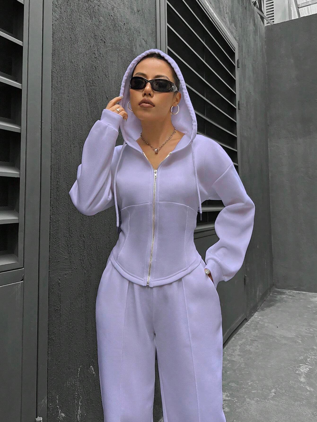 Hoodie Plain Casual Two-Piece Set