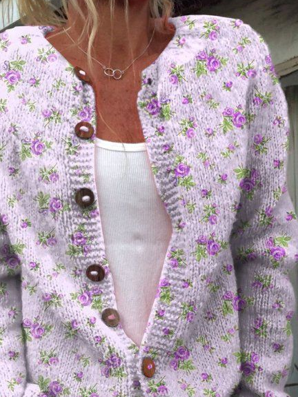 Women's Casual Floral Print Crewneck Knit Cardigan