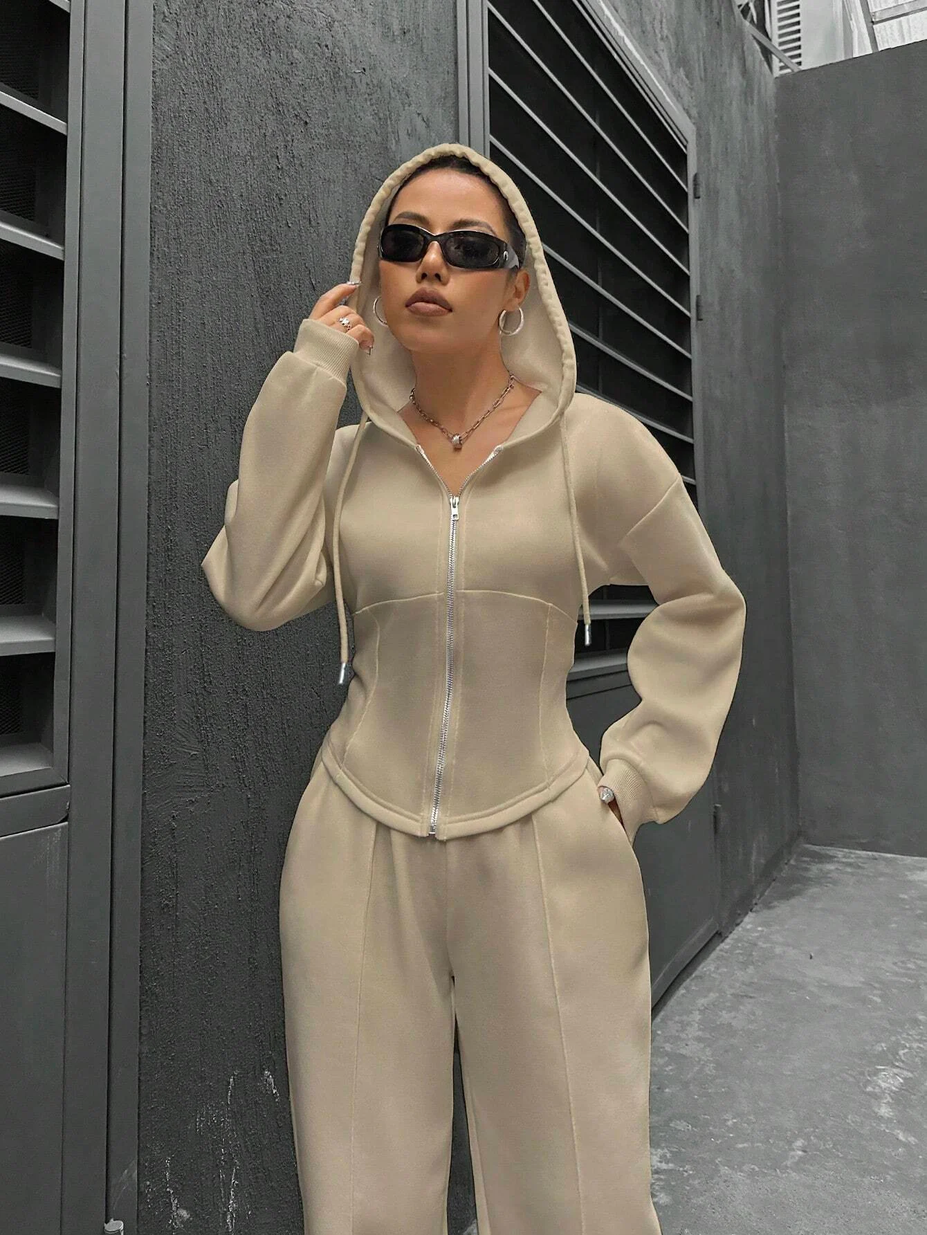 Hoodie Plain Casual Two-Piece Set