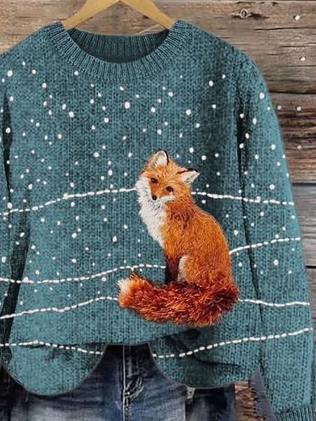 Women's Cute Fox Print Crewneck Knit Sweater