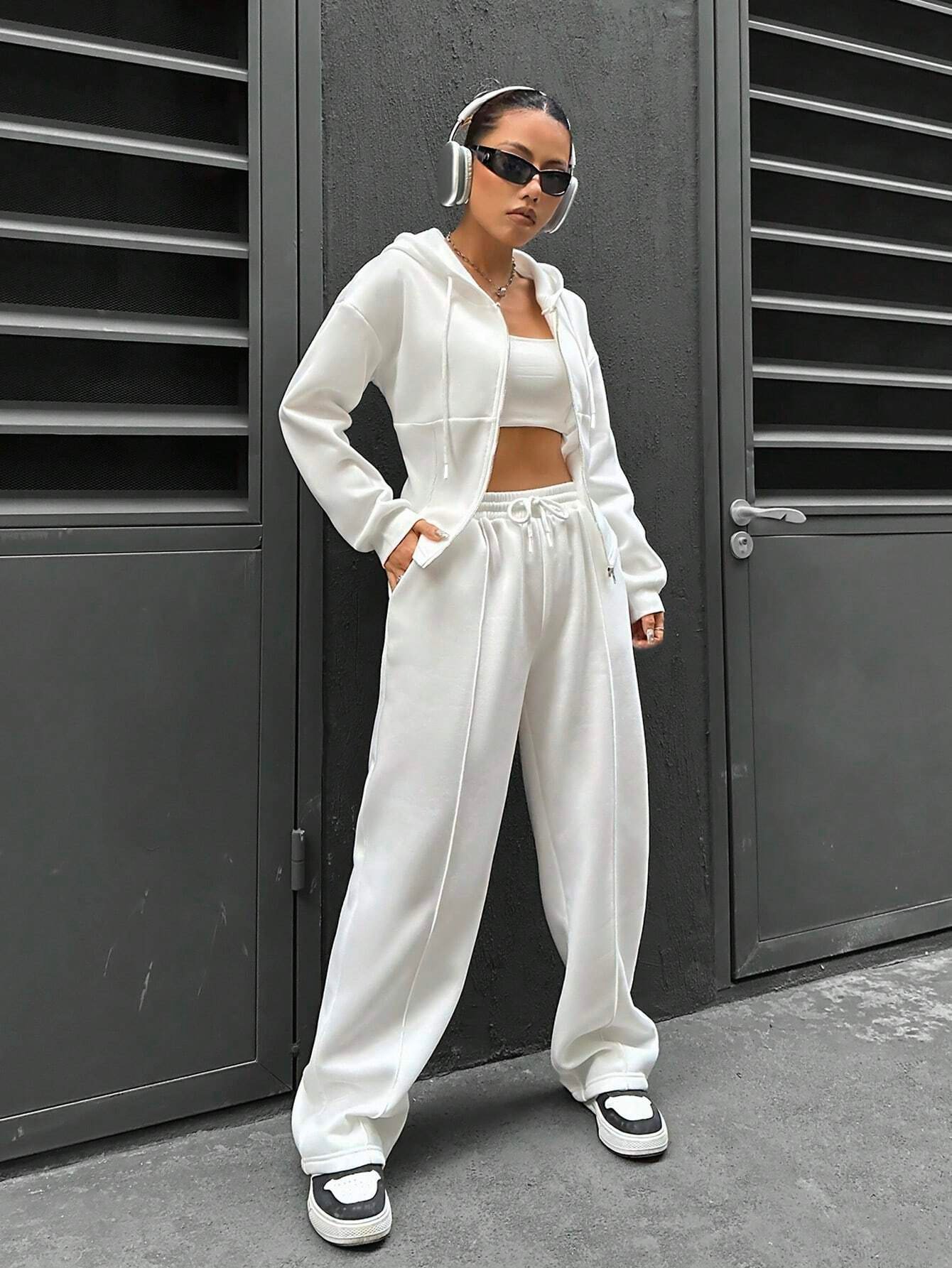 Hoodie Plain Casual Two-Piece Set