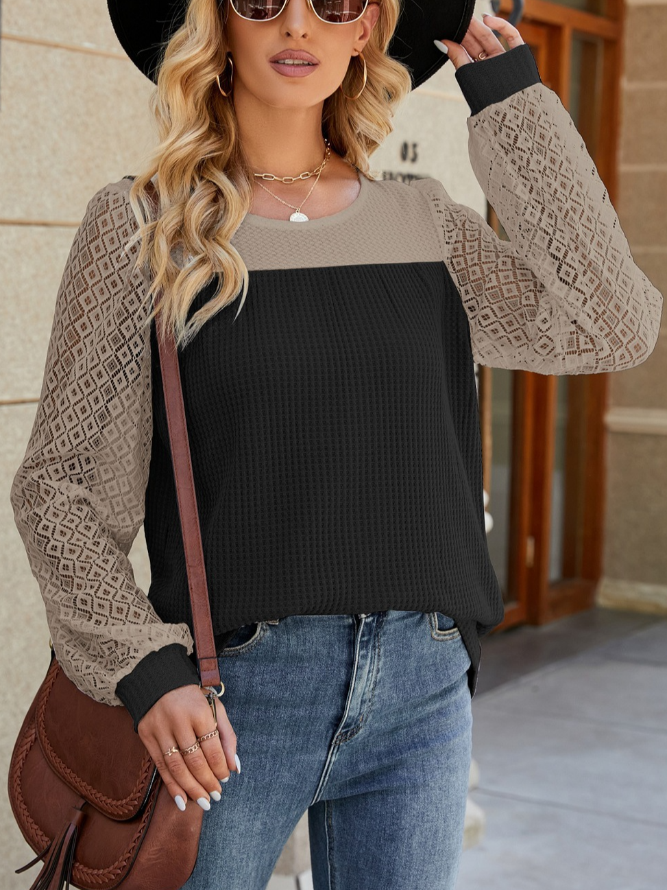 Casual Crew Neck Color Block Blouse