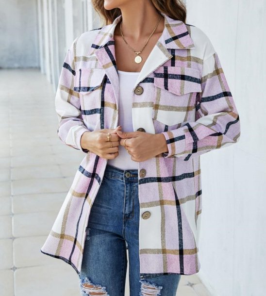 Shirt Collar Loose Plaid Casual Jacket