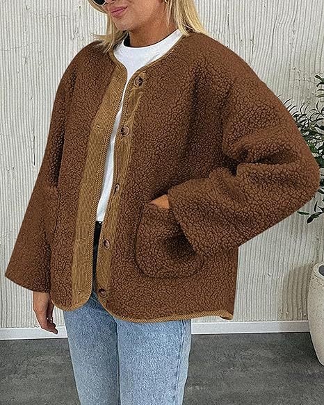 Casual Loose Crew Neck Plain Teddy Jacket