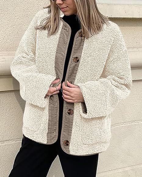 Casual Loose Crew Neck Plain Teddy Jacket