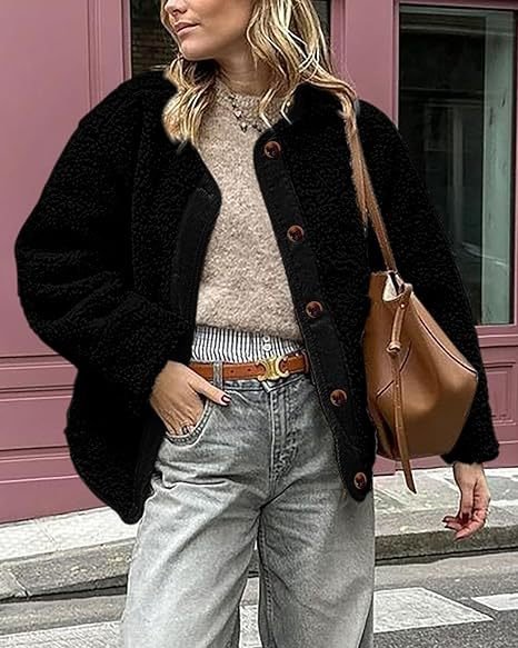 Casual Loose Crew Neck Plain Teddy Jacket