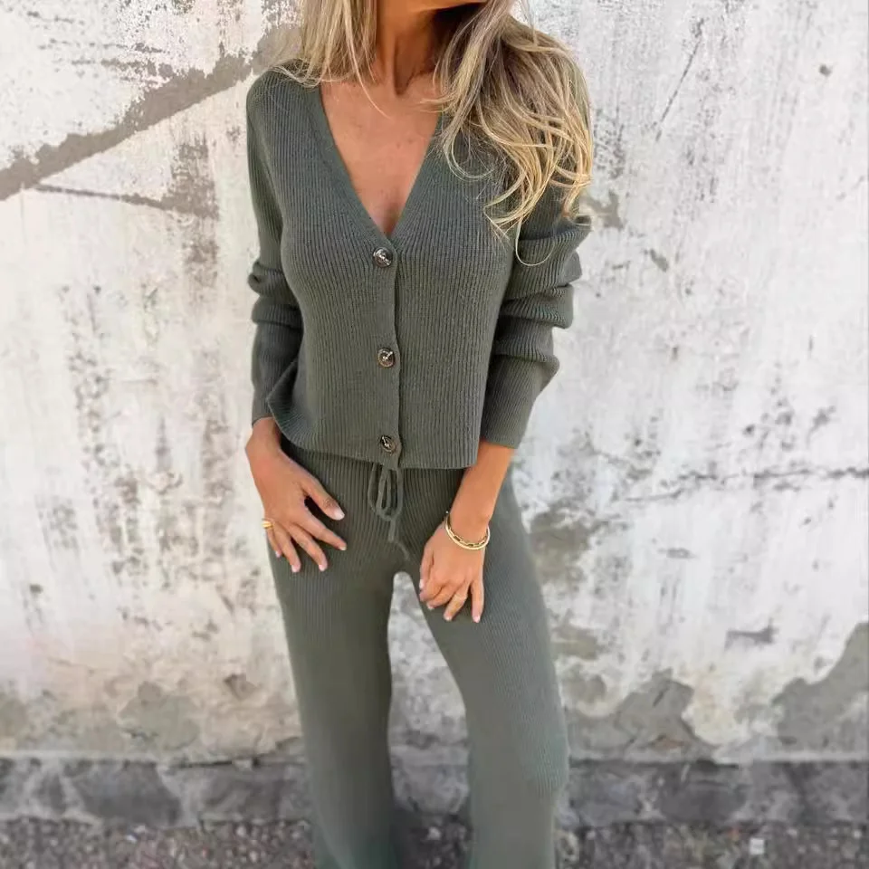 Casual V Neck Plain Two-Piece Set