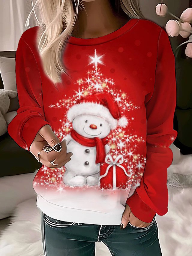 Christmas Snowman Design Round Neck Casual Sweatshirt