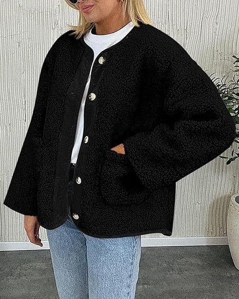 Casual Loose Crew Neck Plain Teddy Jacket