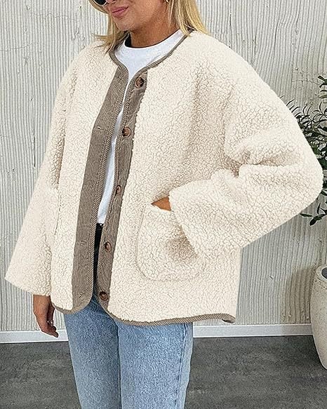 Casual Loose Crew Neck Plain Teddy Jacket