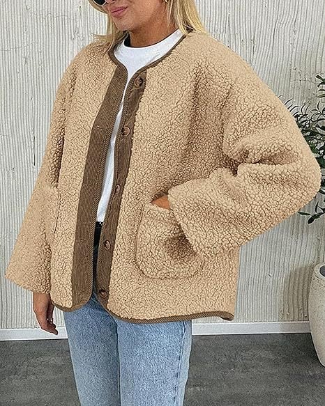 Casual Loose Crew Neck Plain Teddy Jacket