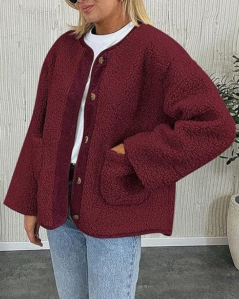 Casual Loose Crew Neck Plain Teddy Jacket