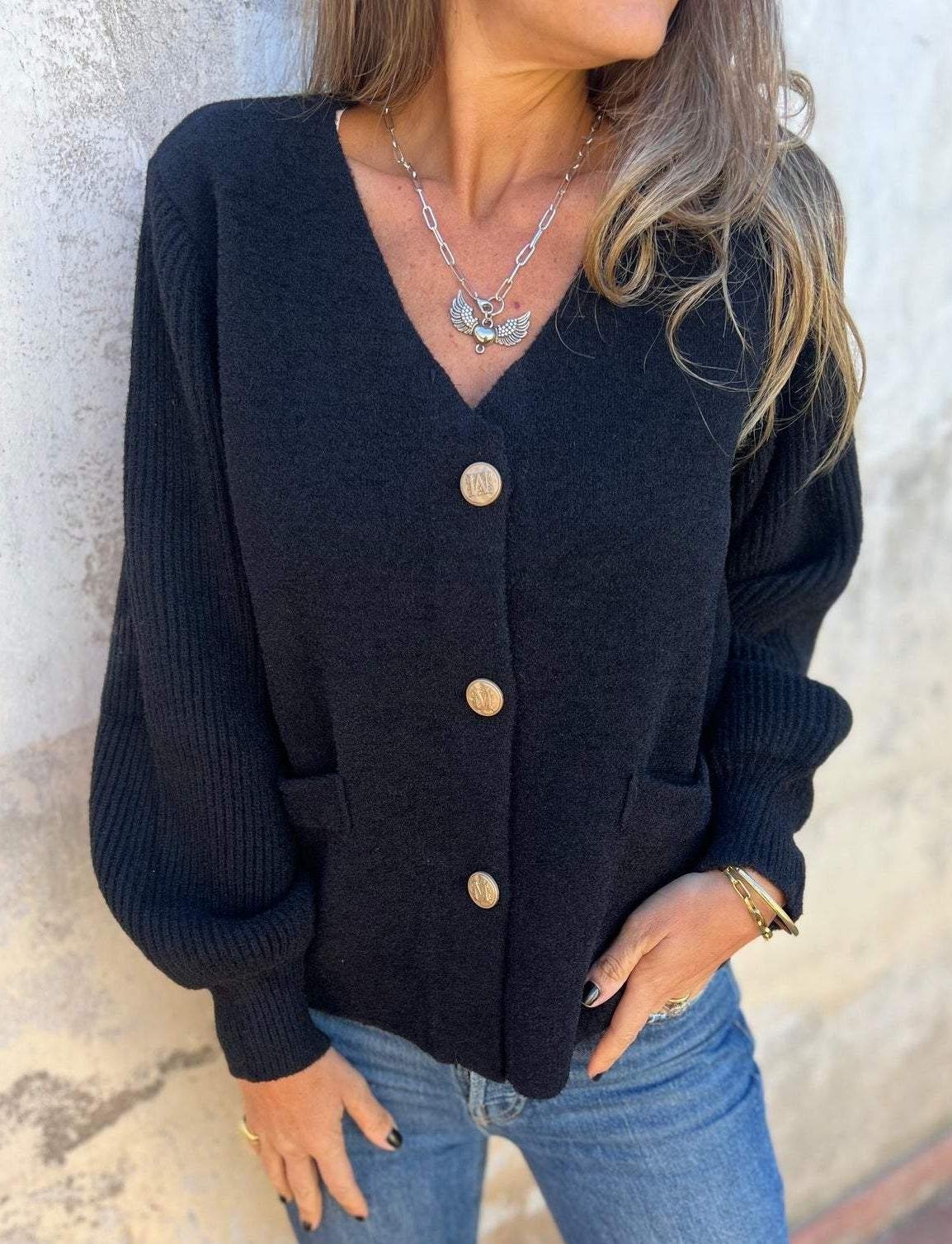 Vintage Plain V Neck Loose Cardigan