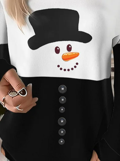 Christmas Snowman Design Round Neck Casual Sweatshirt