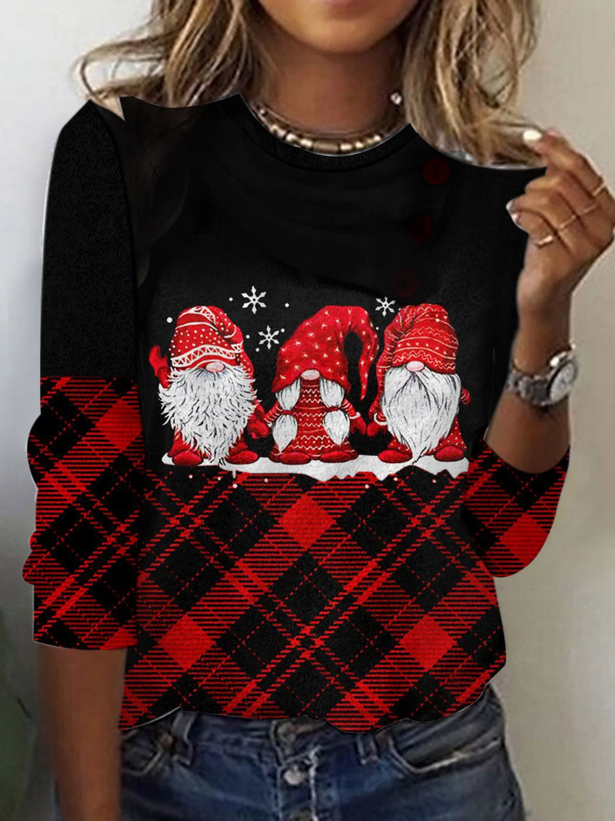 Christmas Plaid Round Neck Casual T-Shirt