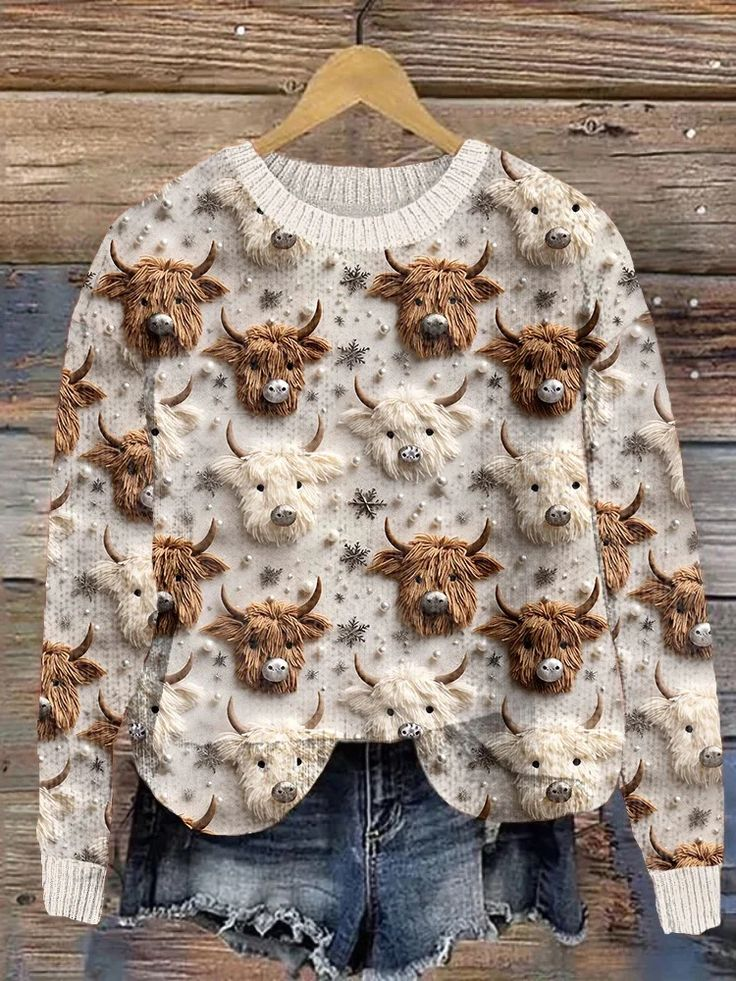 Womens Vintage Highland Cow Loose 3D Printing Crew Neck Casual Sweater