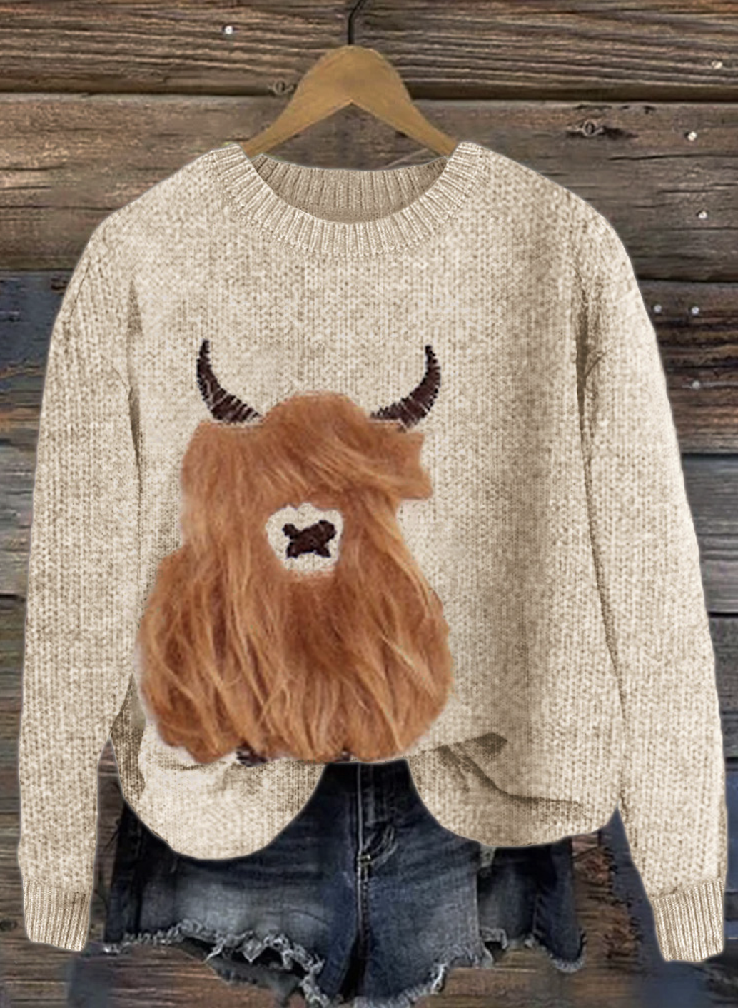 Retro Highland Bull Round Neck Sweater