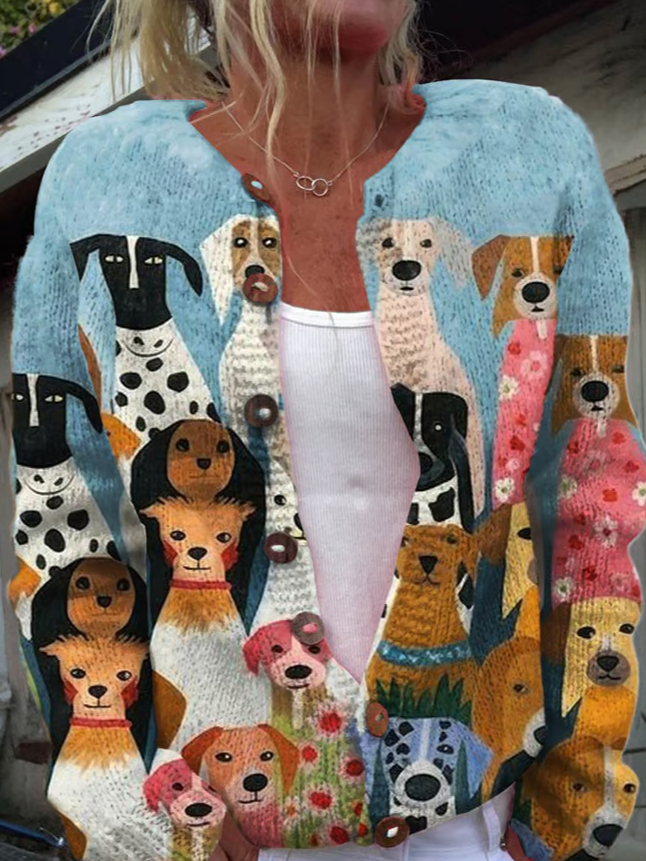 Women'S Funny Dog Art Print Button Cardigan