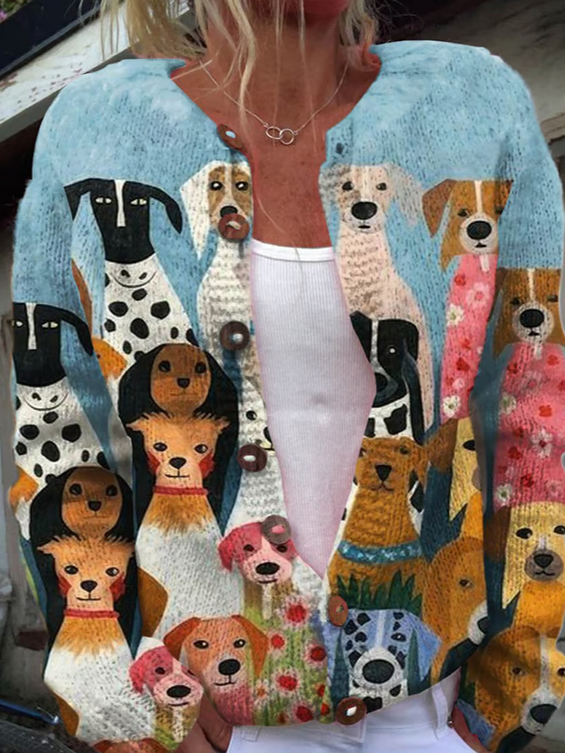 Women'S Funny Dog Art Print Button Cardigan