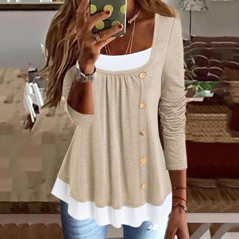 Color Block Crew Neck Casual Lace Blouse