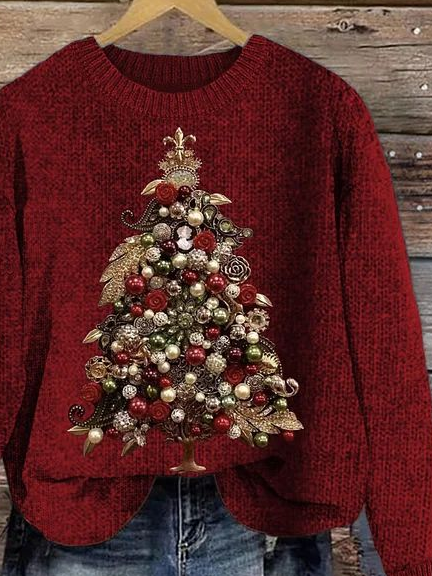 Women's Knitted Crew Neck Casual Christmas Tree Sweater