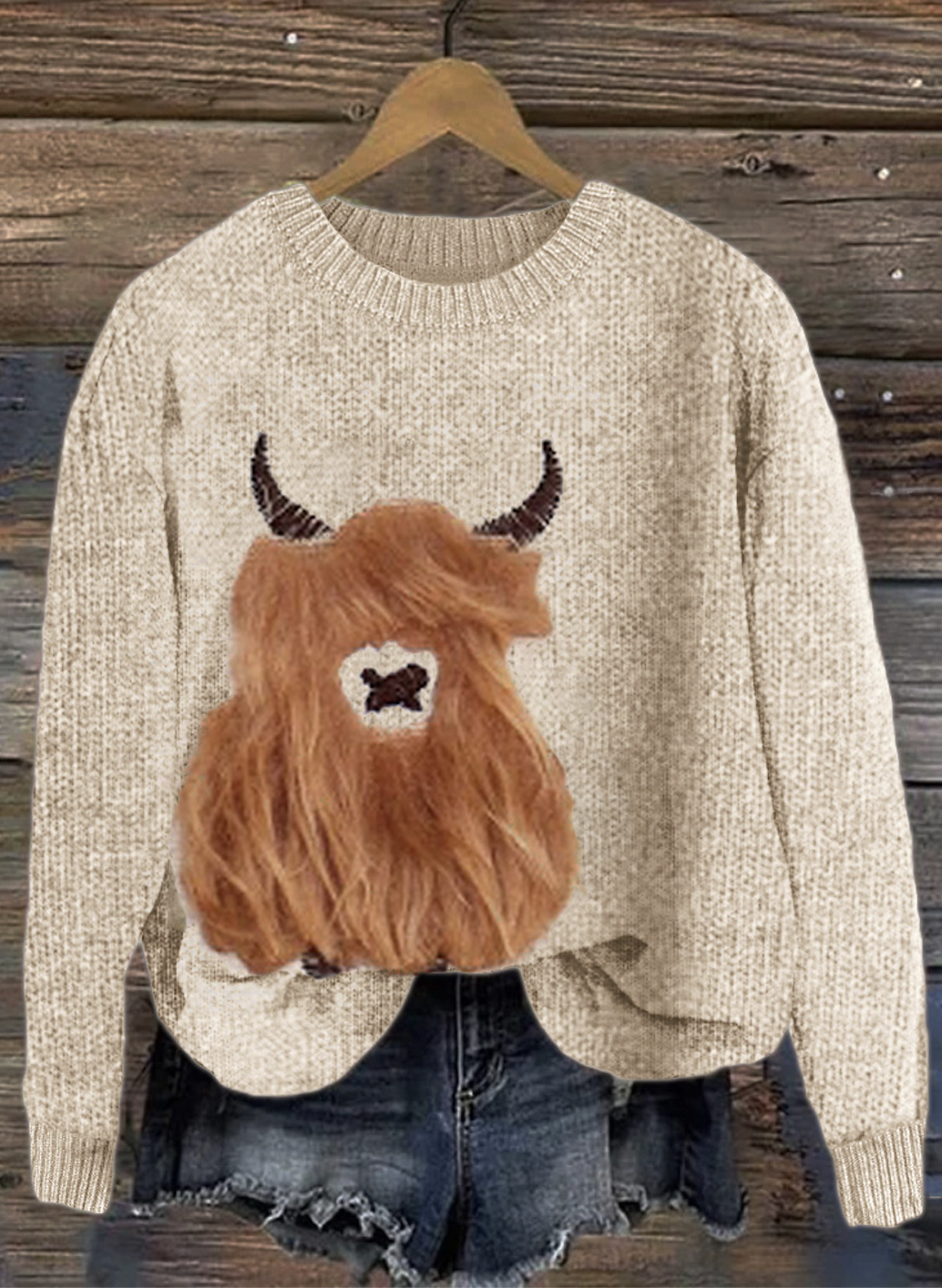 Retro Highland Bull Round Neck Sweater