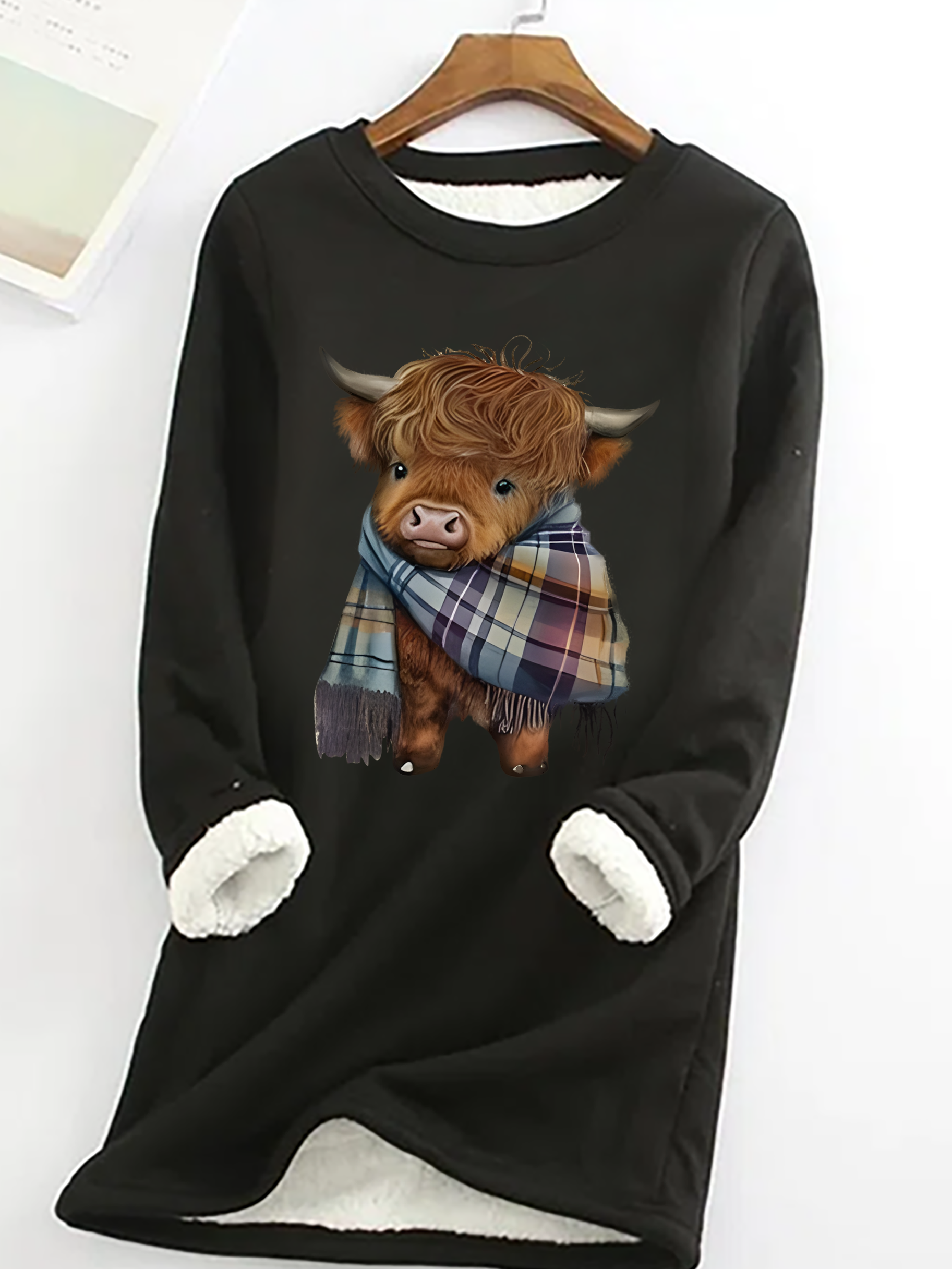 Highland Cow Print Casual Fluff Fleece Fabric Sweatshirt