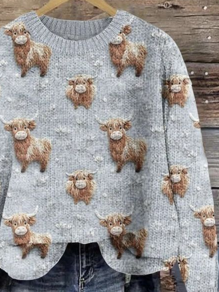 Womens Vintage Highland Cow Casual Knitted Sweater