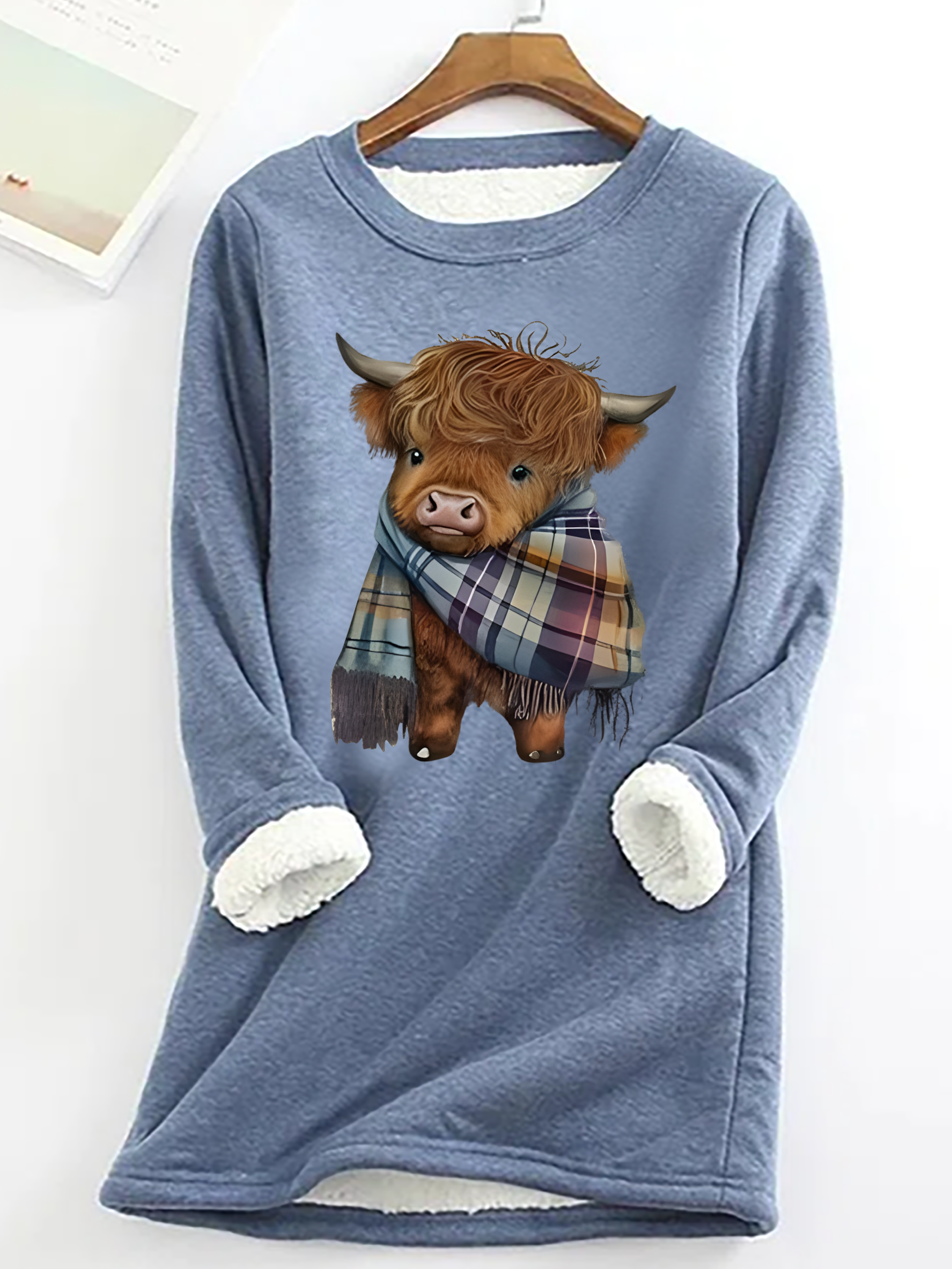 Highland Cow Print Casual Fluff Fleece Fabric Sweatshirt