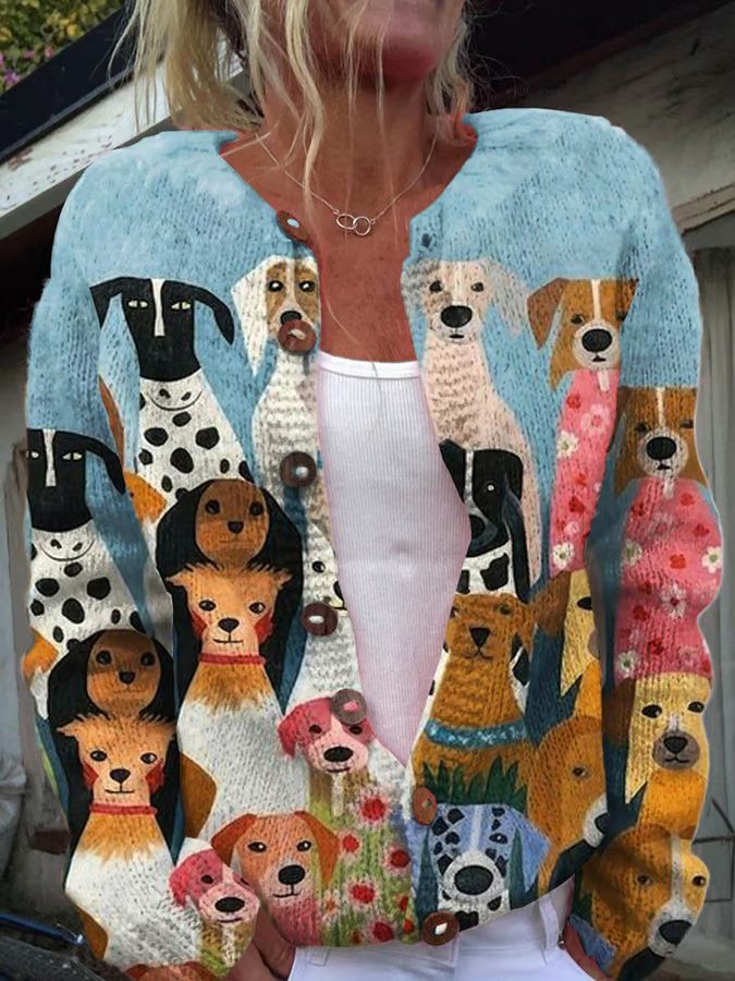 Women'S Funny Dog Art Print Button Cardigan