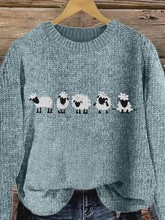 Women's Cute Sheep Print Knitted Crew Neck Casual Sweater