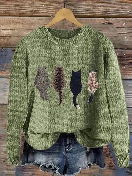 Women's Cute Cat Print Knitted Sweater