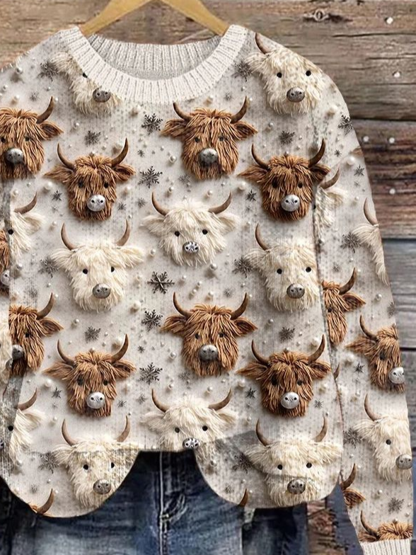 Womens Vintage Highland Cow Loose 3D Printing Crew Neck Casual Sweater