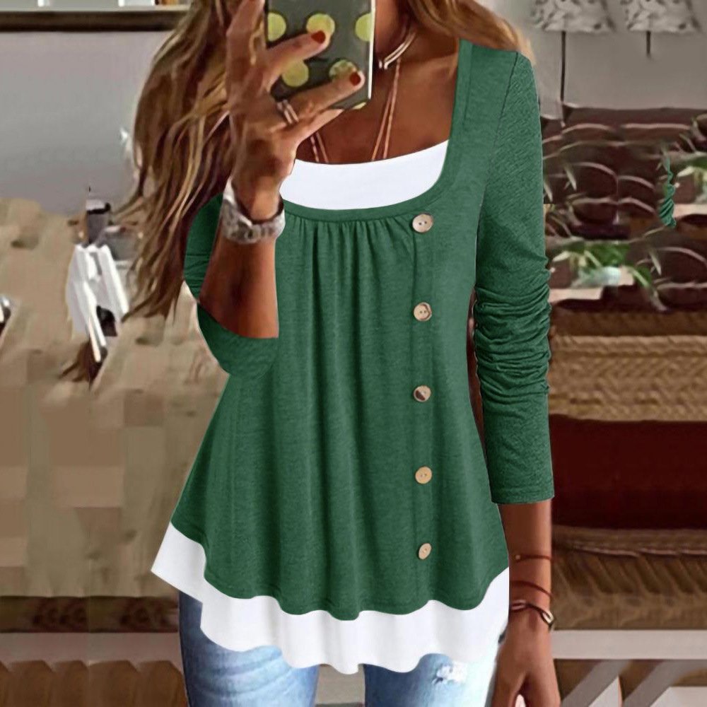 Color Block Crew Neck Casual Lace Blouse