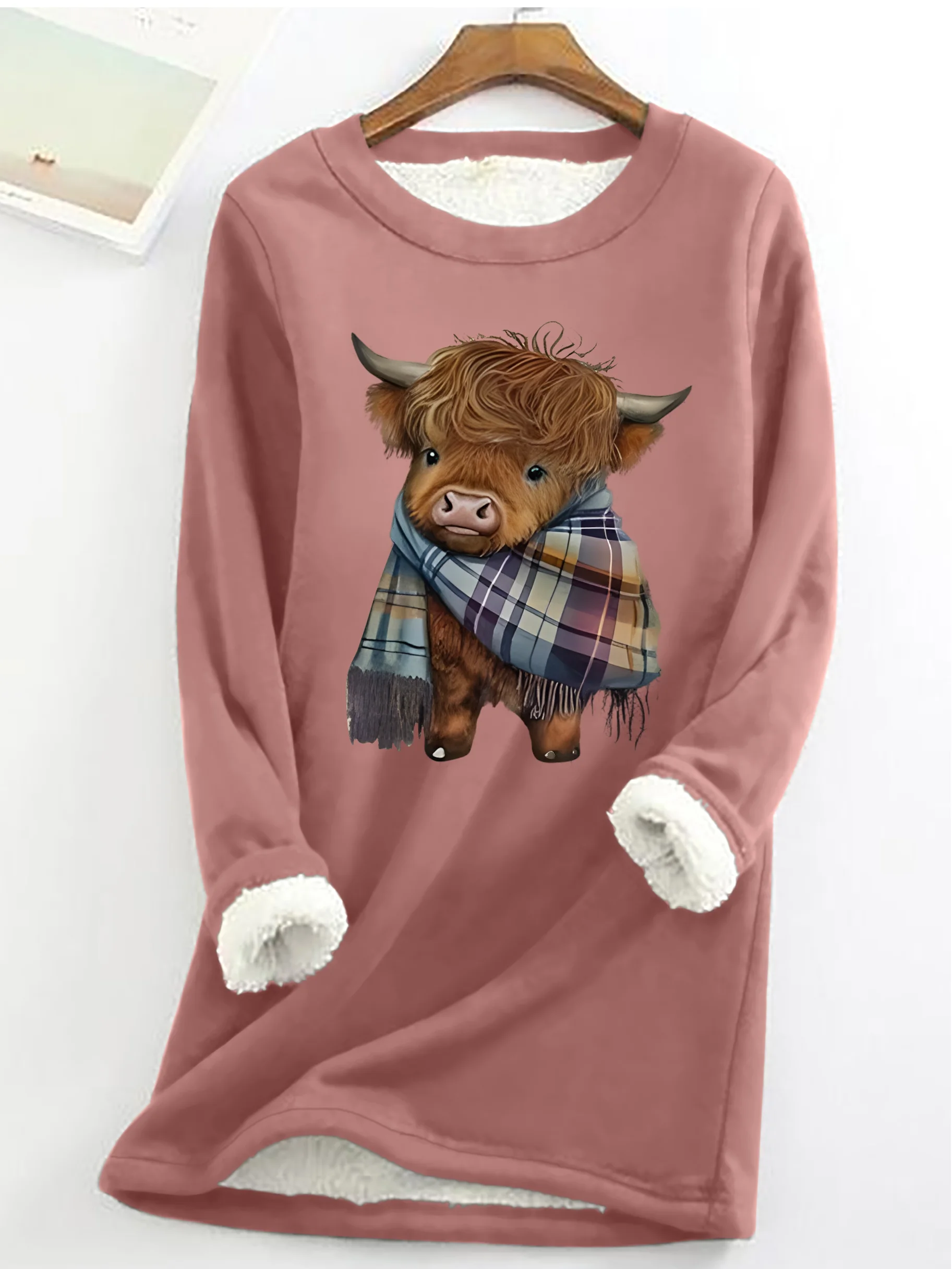 Highland Cow Print Casual Fluff Fleece Fabric Sweatshirt