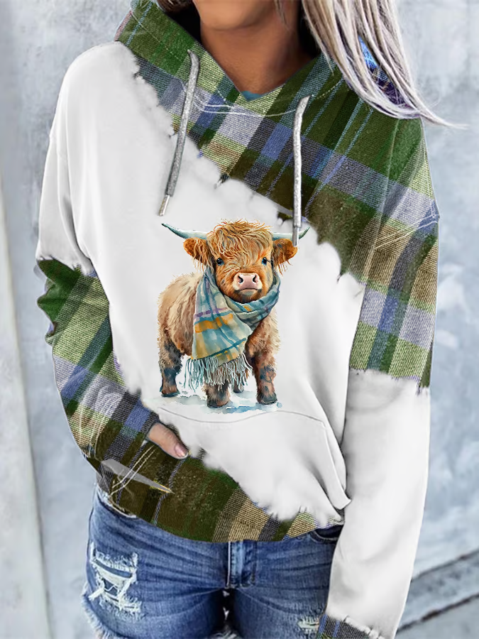 Women's Casual Highland Cow Print Hoodie