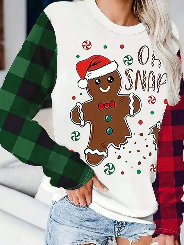 Women's Long Sleeve T-shirt Spring/Fall White Christmas Snowman Printing Jersey Crew Neck Holiday Going Out Casual Top