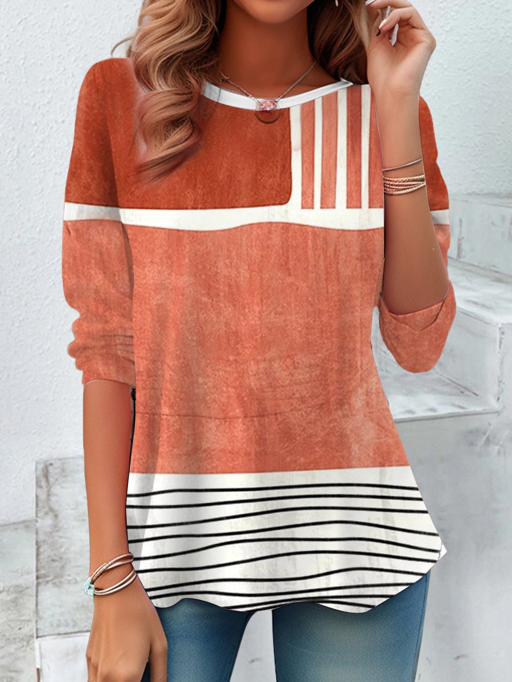 Women's Long Sleeve T-shirt Spring/Fall Orange Striped Printing Jersey Crew Neck Holiday Going Out Casual Top