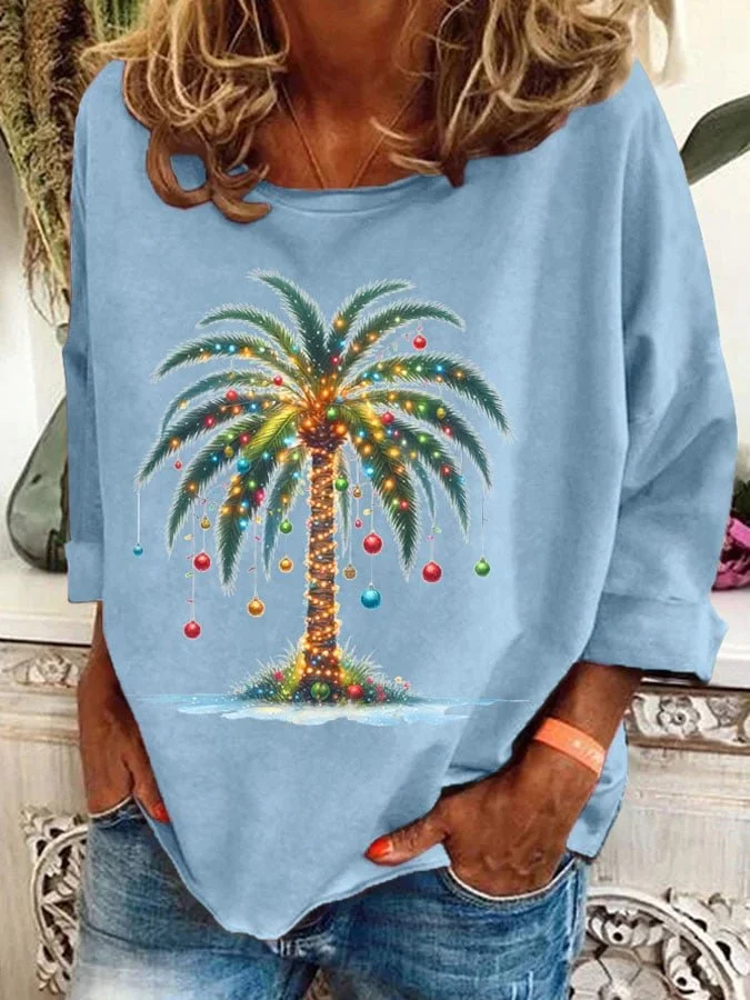 Ladies' Christmas Palm Tree Printed Casual Sweatshirt