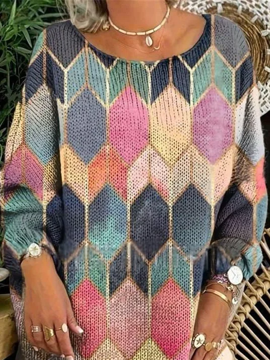 Vintage Geometric Loose Crew Neck Sweater