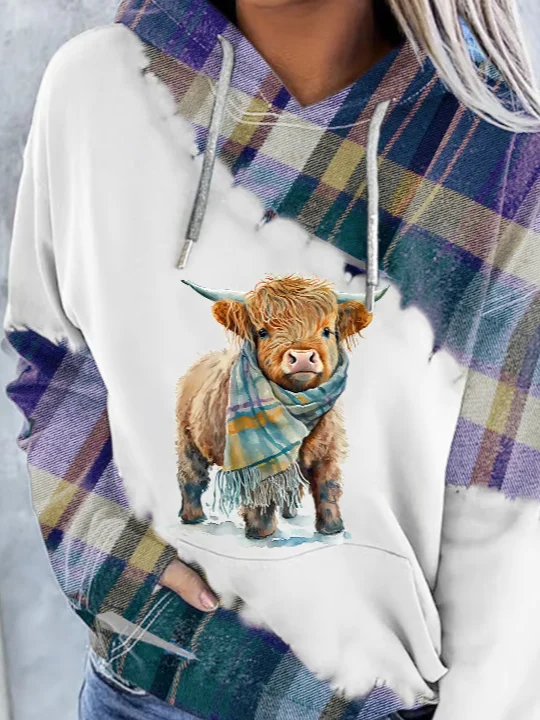 Women's Casual Highland Cow Print Hoodie