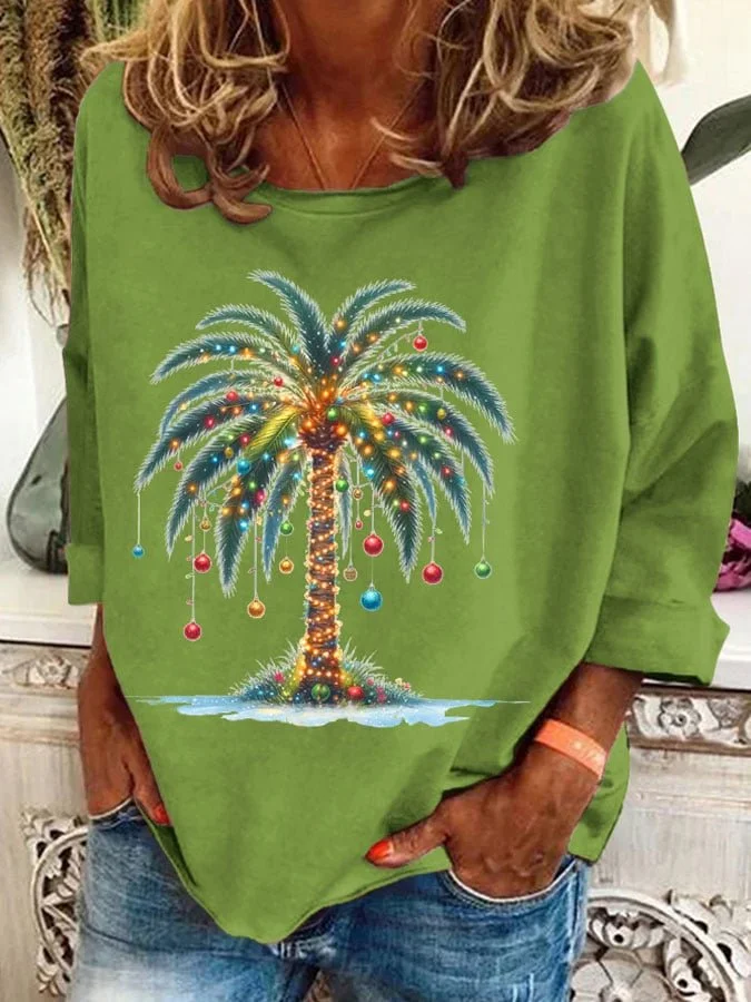 Ladies' Christmas Palm Tree Printed Casual Sweatshirt