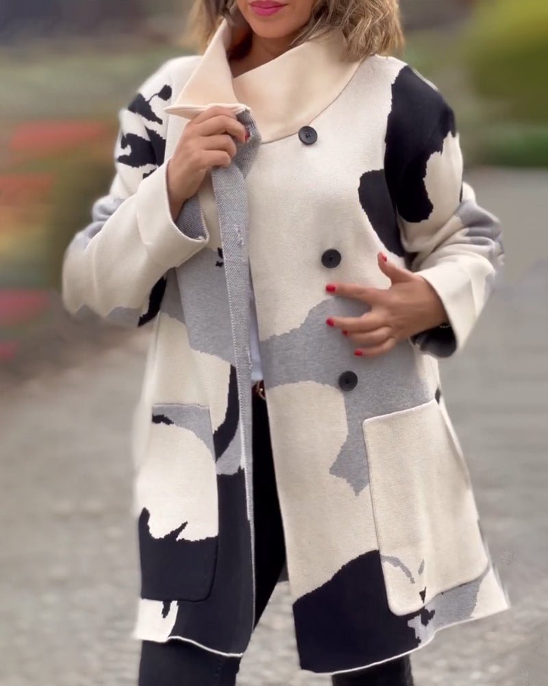 Casual Mock Neck Geometric Loose Coat