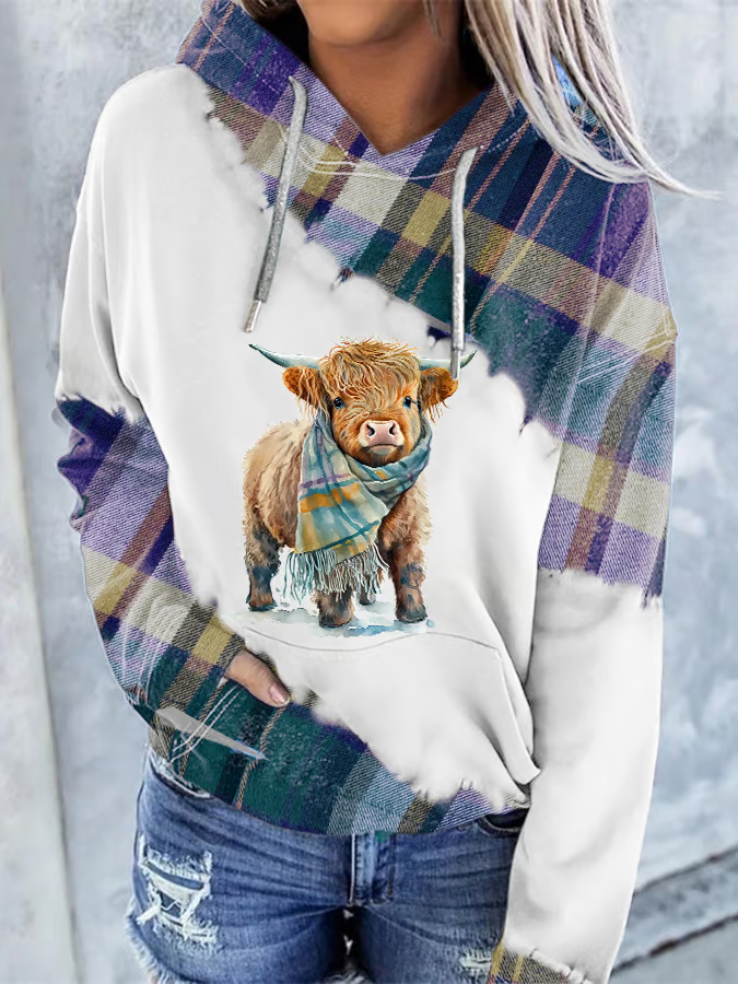 Women's Casual Highland Cow Print Hoodie