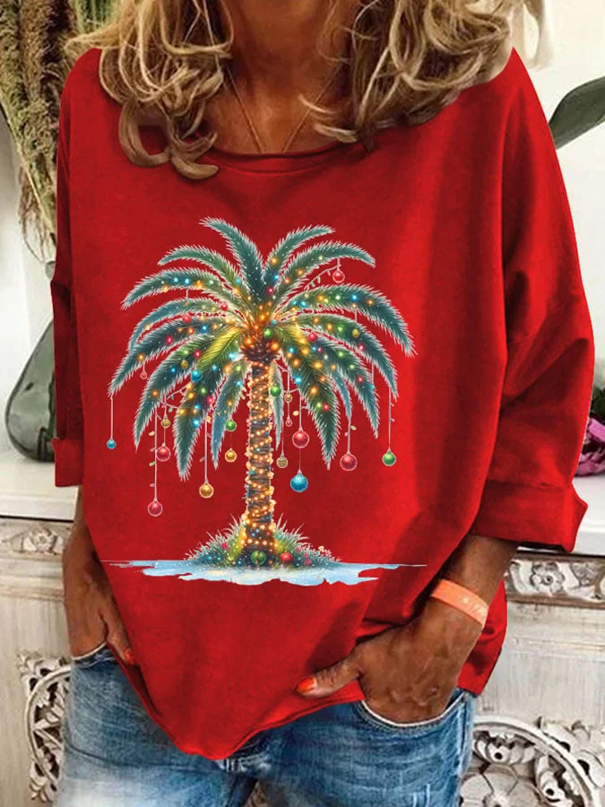 Ladies' Christmas Palm Tree Printed Casual Sweatshirt