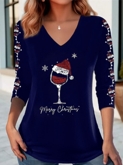 V Neck Jersey Christmas Casual T-Shirt