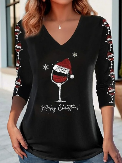 V Neck Jersey Christmas Casual T-Shirt