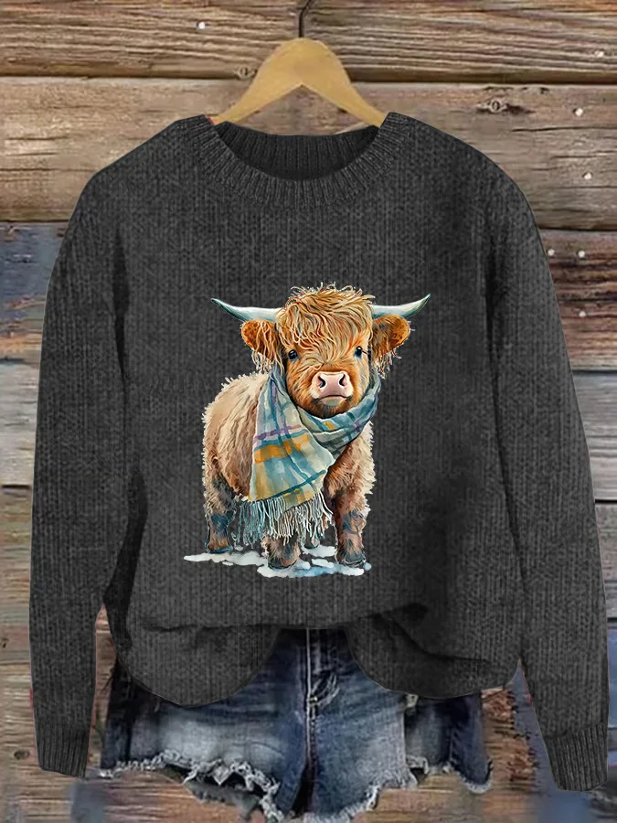 Women's Casual Highland Cow Knit Sweatshirt