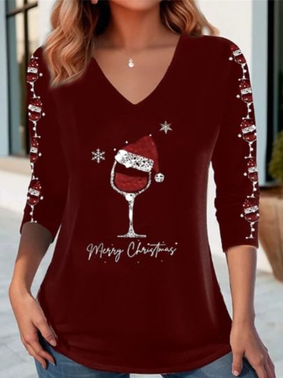 V Neck Jersey Christmas Casual T-Shirt