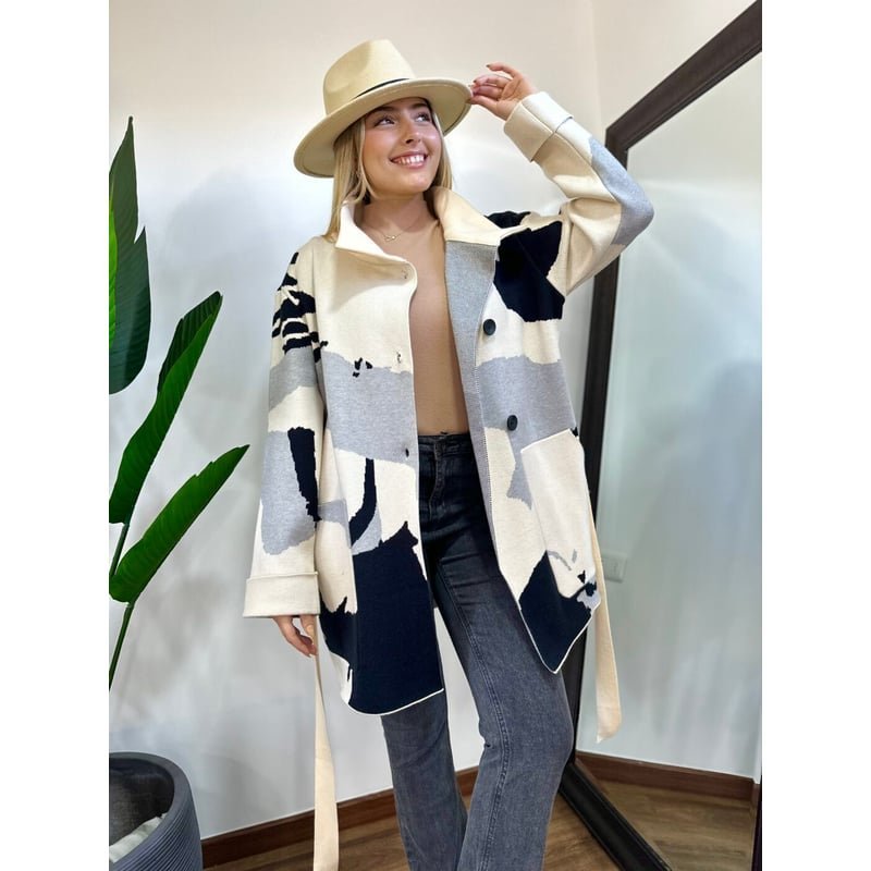 Casual Mock Neck Geometric Loose Coat